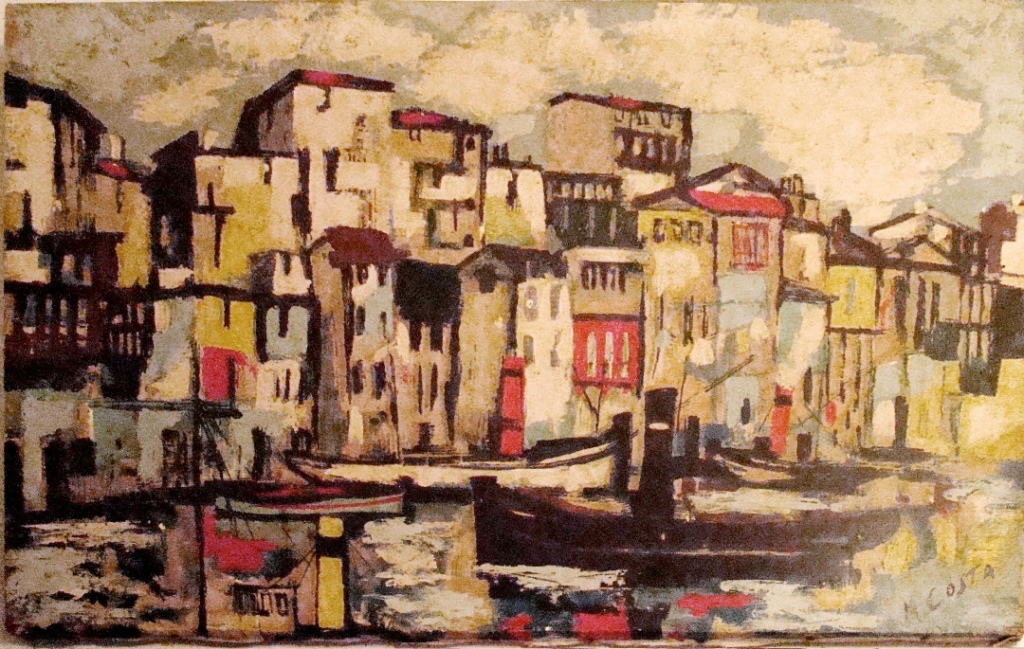 Mid Century Modern Harbor Scene Painting Signed M sta Modernism